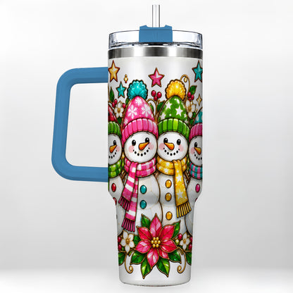 #pl[40oz|Blue] Snowman Family 40oz Tumbler with Handle, Christmas Stainless Steel Cup