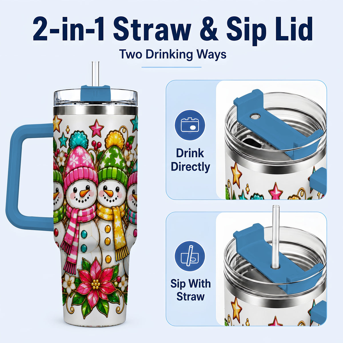 #pl[40oz|Blue] Snowman Family 40oz Tumbler with Handle, Christmas Stainless Steel Cup