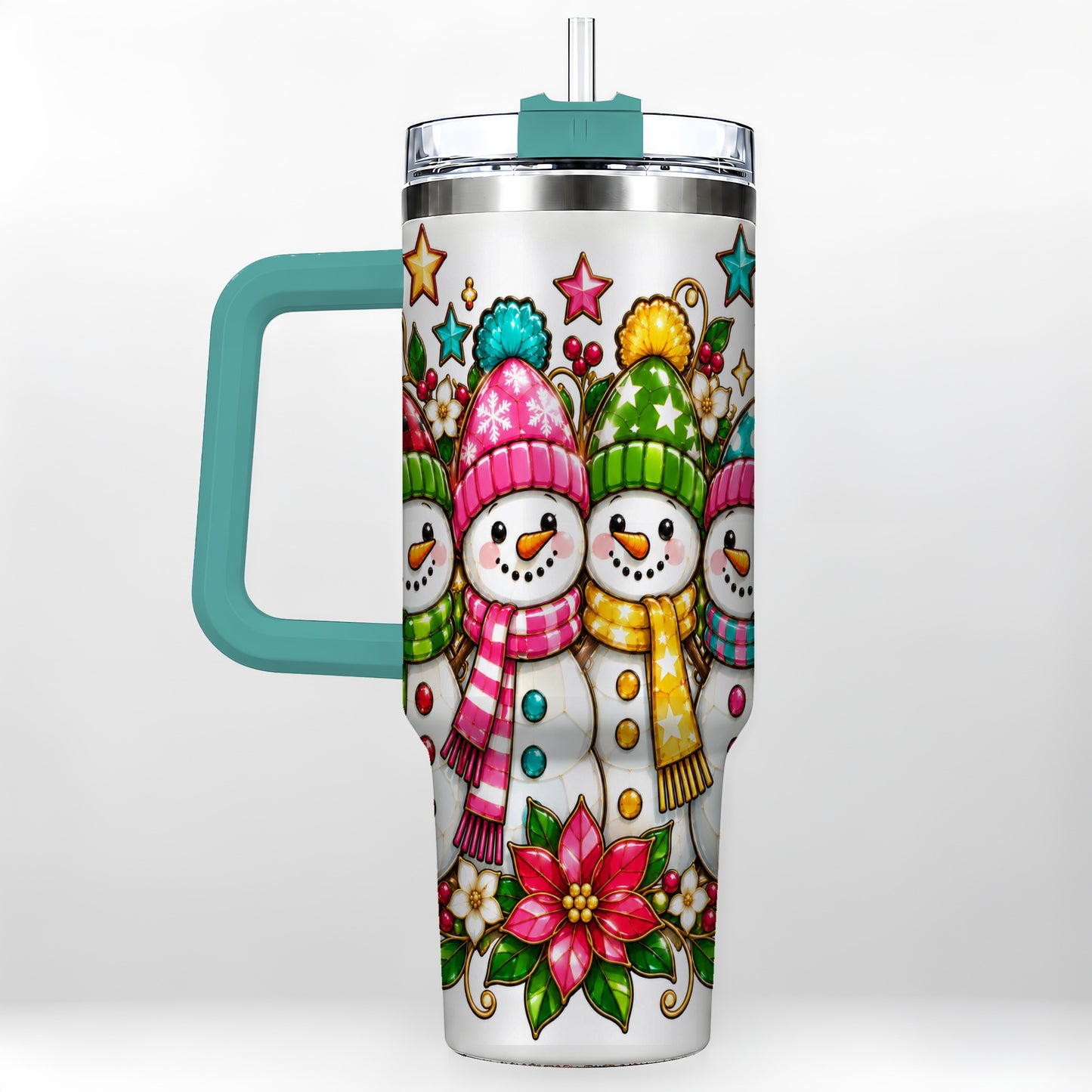 #pl[40oz|Green] Snowman Family 40oz Tumbler with Handle, Christmas Stainless Steel Cup