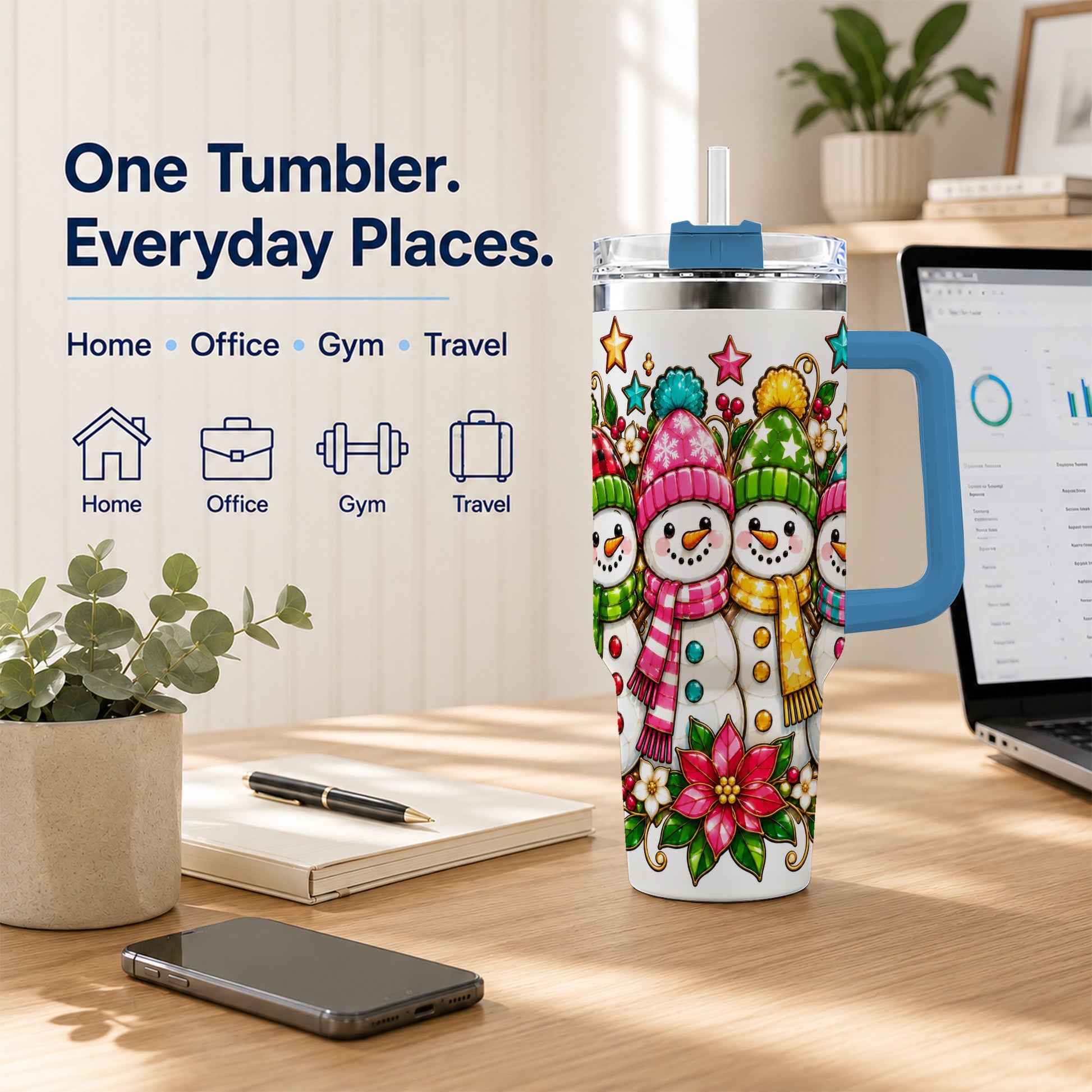 #pl[40oz|Blue] Snowman Family 40oz Tumbler with Handle, Christmas Stainless Steel Cup