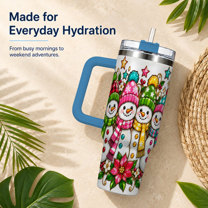 #pl[40oz|Blue] Snowman Family 40oz Tumbler with Handle, Christmas Stainless Steel Cup
