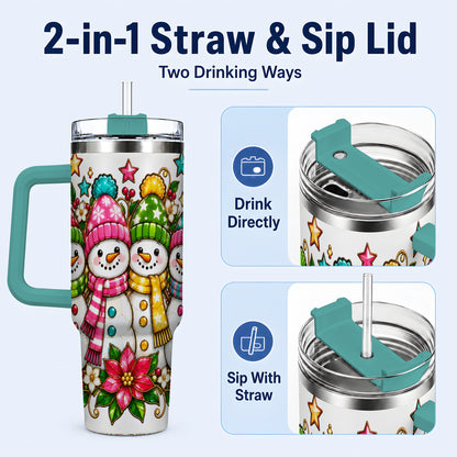 #pl[40oz|Green] Snowman Family 40oz Tumbler with Handle, Christmas Stainless Steel Cup