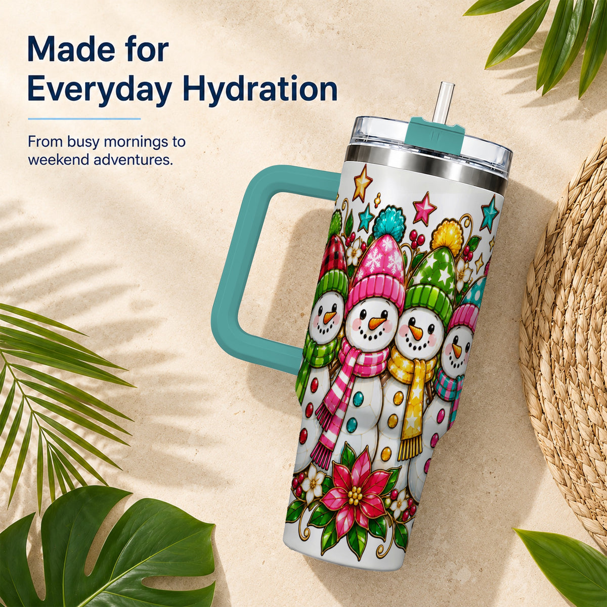 #pl[40oz|Green] Snowman Family 40oz Tumbler with Handle, Christmas Stainless Steel Cup