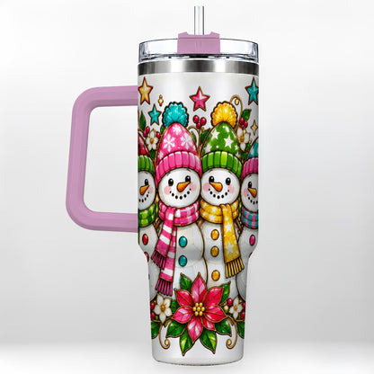 #pl[40oz|Pink] Snowman Family 40oz Tumbler with Handle, Christmas Stainless Steel Cup