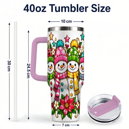 #pl[40oz|Pink] Snowman Family 40oz Tumbler with Handle, Christmas Stainless Steel Cup