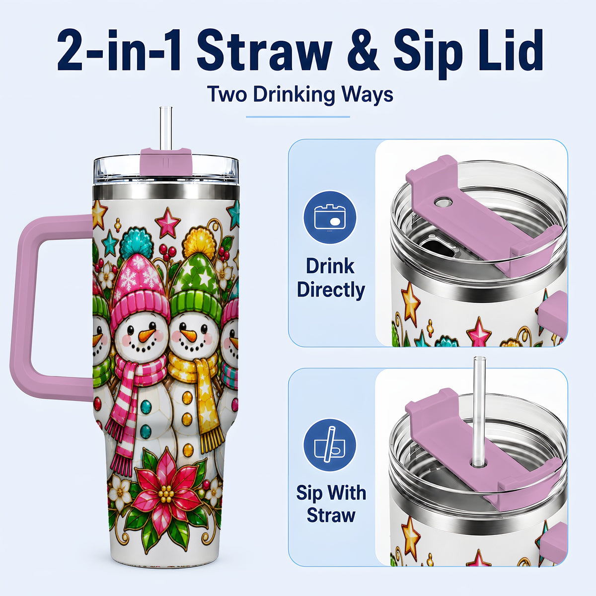 #pl[40oz|Pink] Snowman Family 40oz Tumbler with Handle, Christmas Stainless Steel Cup