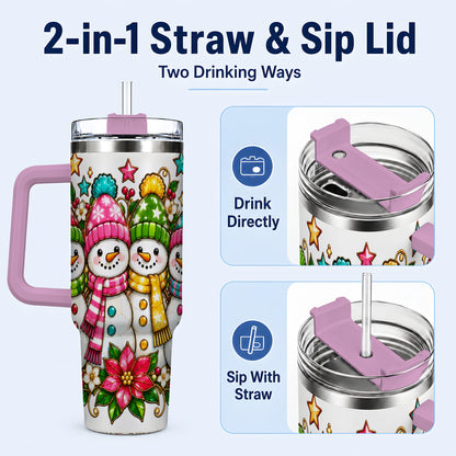 #pl[40oz|Pink] Snowman Family 40oz Tumbler with Handle, Christmas Stainless Steel Cup