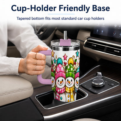 #pl[40oz|Pink] Snowman Family 40oz Tumbler with Handle, Christmas Stainless Steel Cup