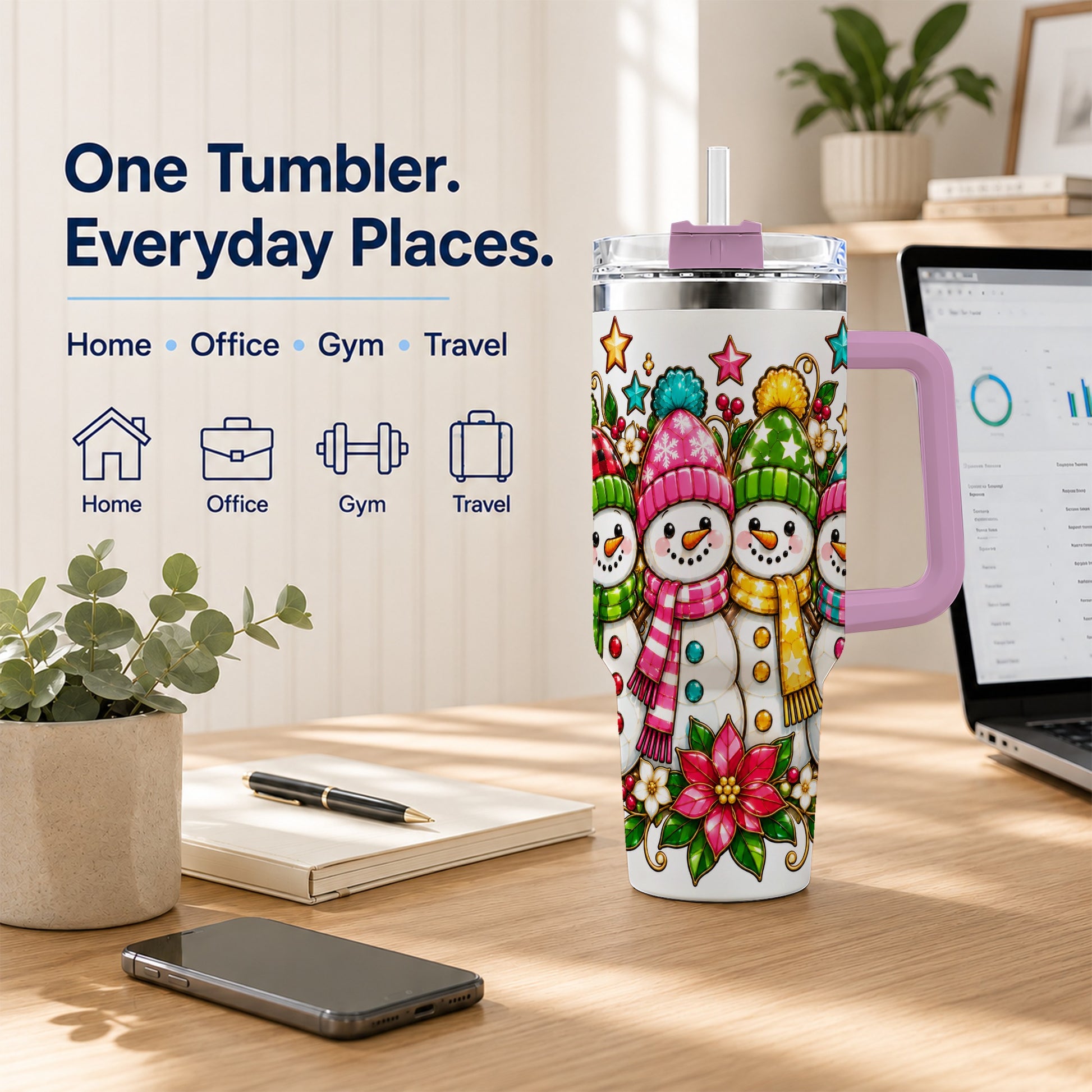 #pl[40oz|Pink] Snowman Family 40oz Tumbler with Handle, Christmas Stainless Steel Cup