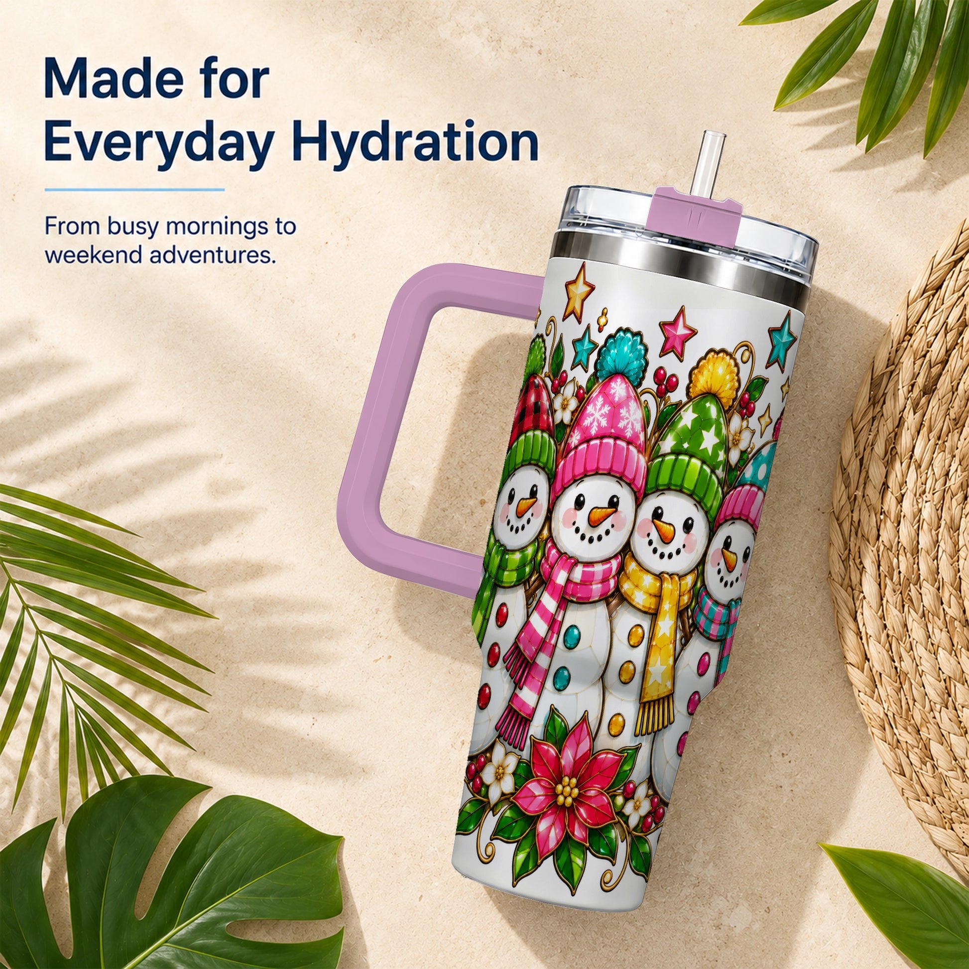 #pl[40oz|Pink] Snowman Family 40oz Tumbler with Handle, Christmas Stainless Steel Cup