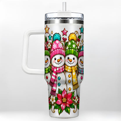 Snowman Family 40oz Tumbler with Handle, Christmas Stainless Steel Cup