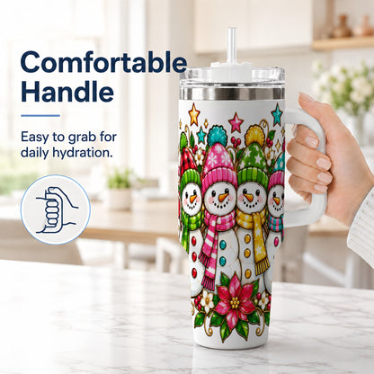 #pl[40oz|White] Snowman Family 40oz Tumbler with Handle, Christmas Stainless Steel Cup