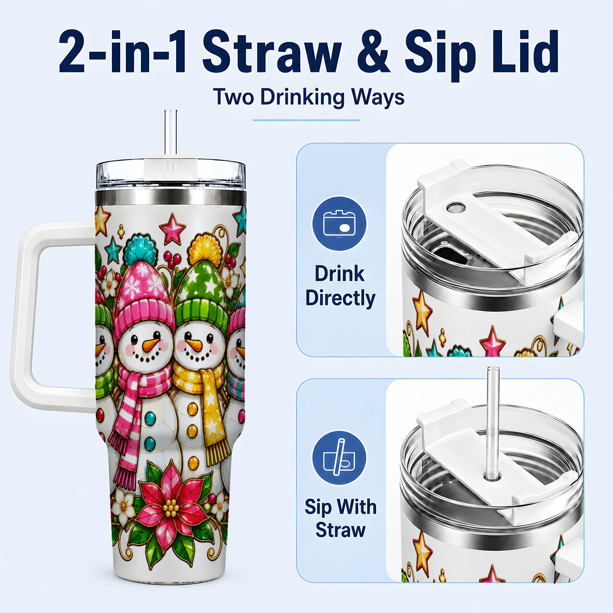 #pl[40oz|White] Snowman Family 40oz Tumbler with Handle, Christmas Stainless Steel Cup