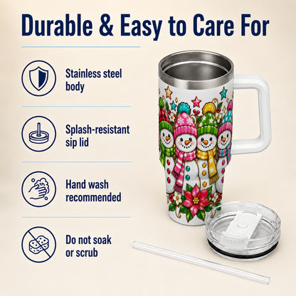 #pl[40oz|White] Snowman Family 40oz Tumbler with Handle, Christmas Stainless Steel Cup