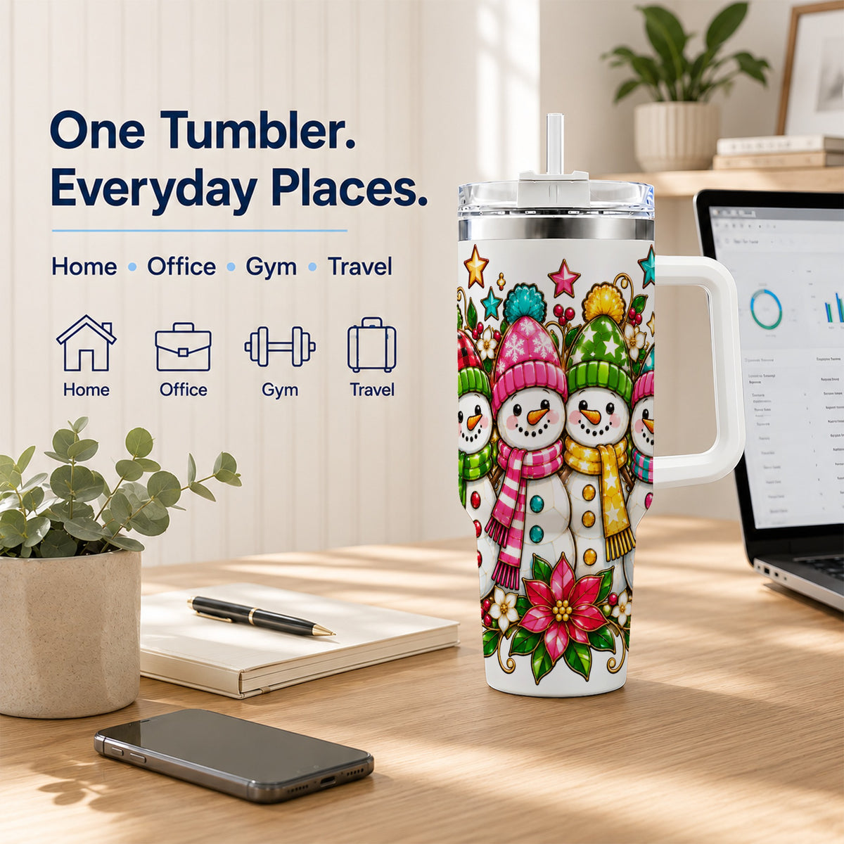 #pl[40oz|White] Snowman Family 40oz Tumbler with Handle, Christmas Stainless Steel Cup
