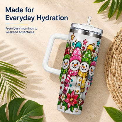 #pl[40oz|White] Snowman Family 40oz Tumbler with Handle, Christmas Stainless Steel Cup