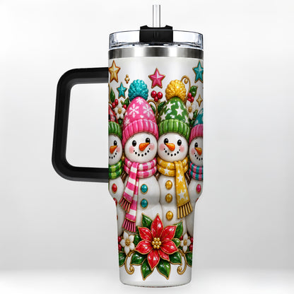 #pl[40oz|Black] Snowman Family 40oz Tumbler with Handle, Holiday Stainless Steel Cup