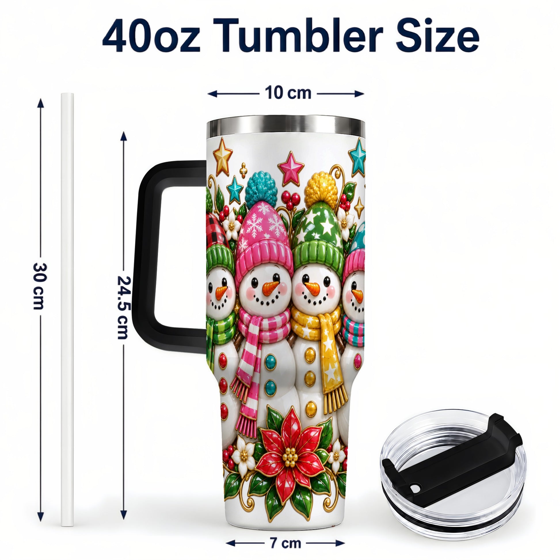 #pl[40oz|Black] Snowman Family 40oz Tumbler with Handle, Holiday Stainless Steel Cup