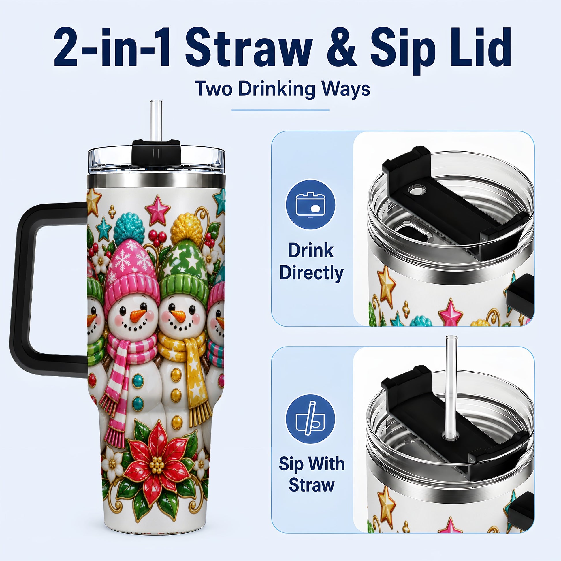 #pl[40oz|Black] Snowman Family 40oz Tumbler with Handle, Holiday Stainless Steel Cup