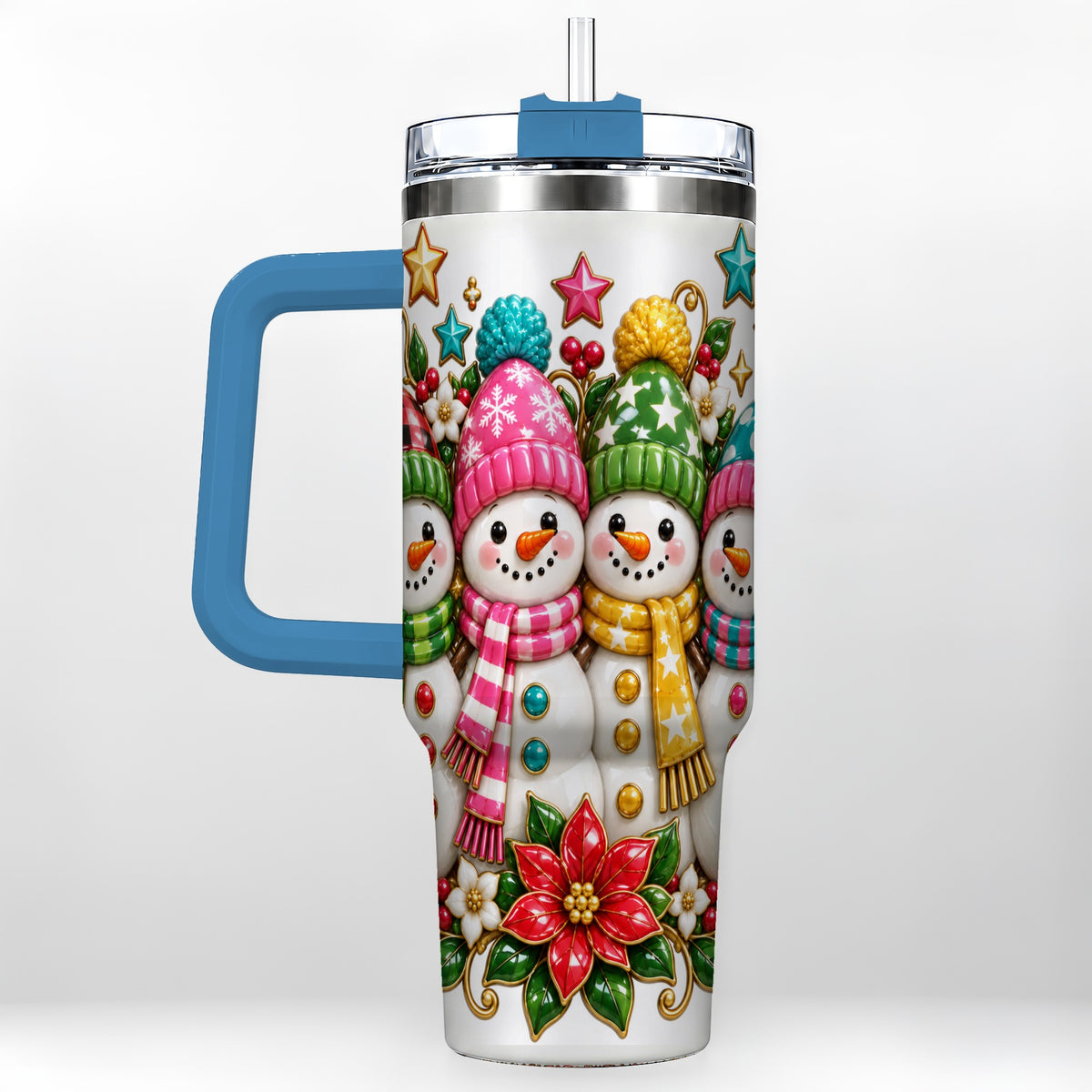 #pl[40oz|Blue] Snowman Family 40oz Tumbler with Handle, Holiday Stainless Steel Cup