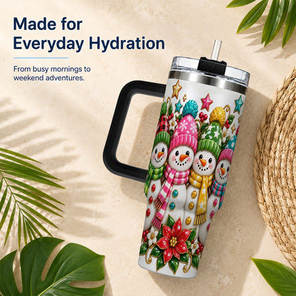 #pl[40oz|Black] Snowman Family 40oz Tumbler with Handle, Holiday Stainless Steel Cup