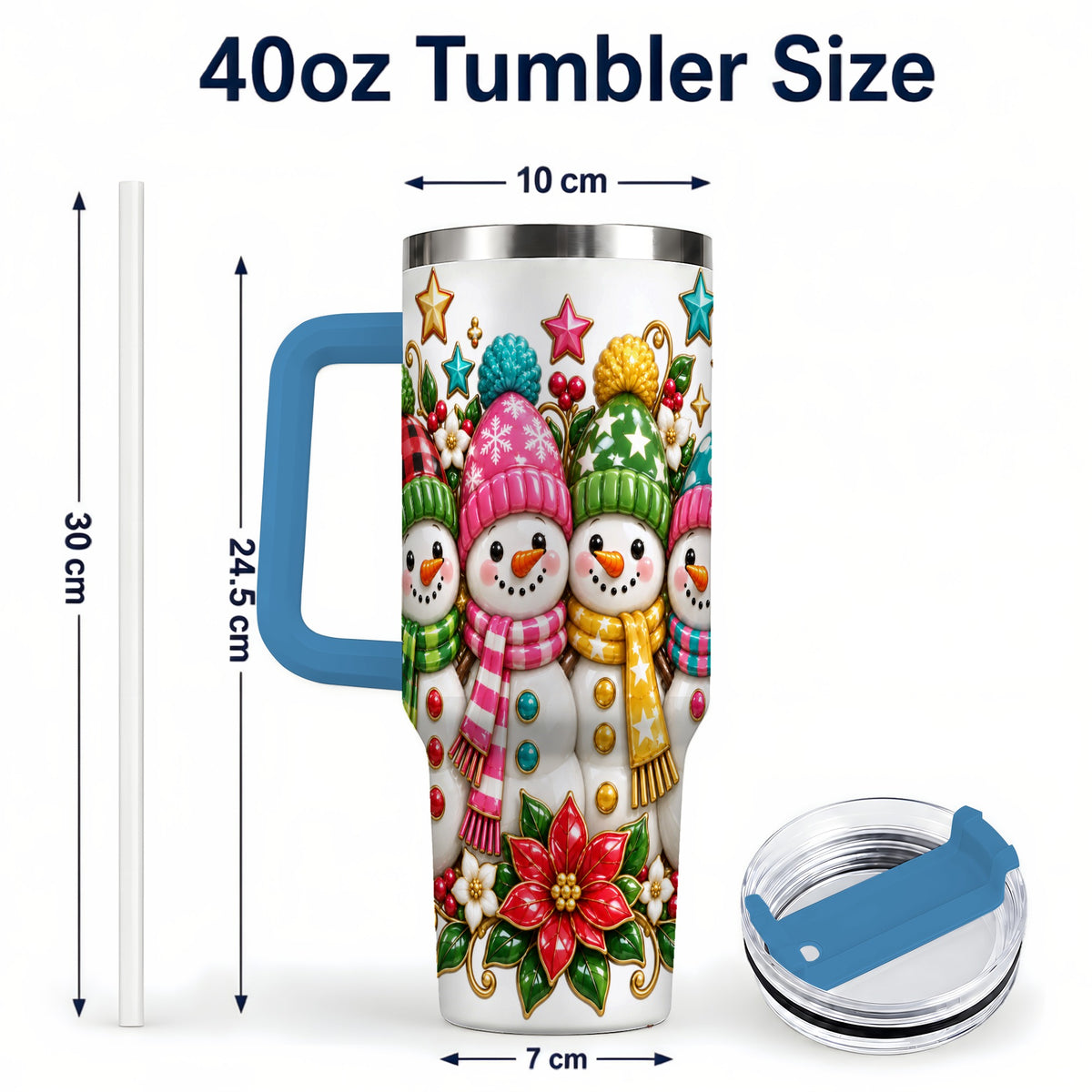 #pl[40oz|Blue] Snowman Family 40oz Tumbler with Handle, Holiday Stainless Steel Cup