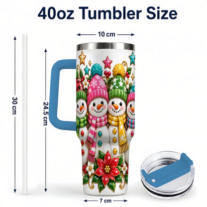#pl[40oz|Blue] Snowman Family 40oz Tumbler with Handle, Holiday Stainless Steel Cup