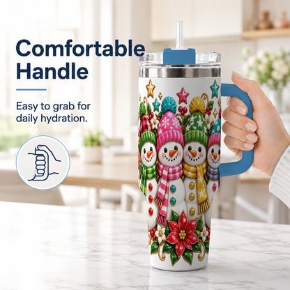 #pl[40oz|Blue] Snowman Family 40oz Tumbler with Handle, Holiday Stainless Steel Cup