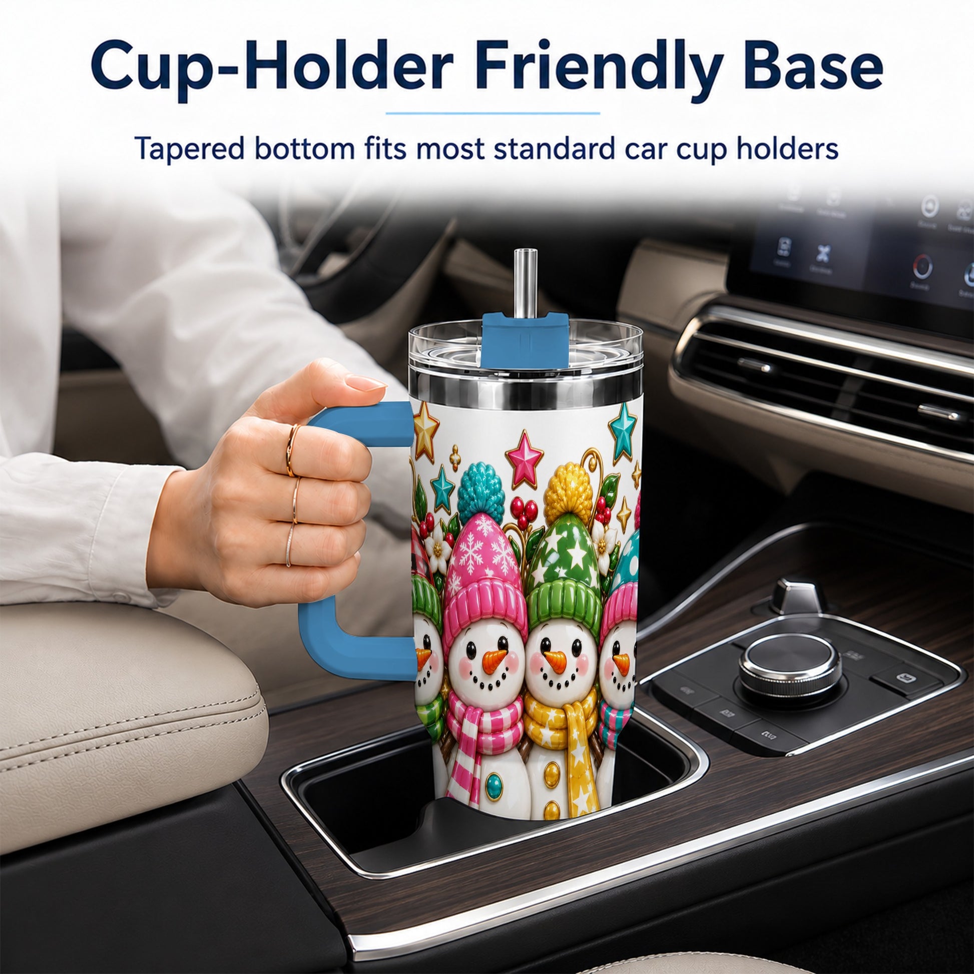 #pl[40oz|Blue] Snowman Family 40oz Tumbler with Handle, Holiday Stainless Steel Cup
