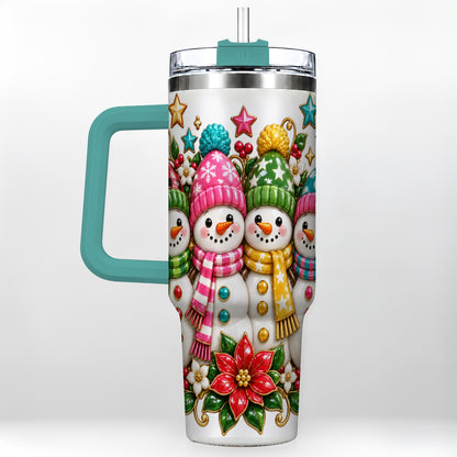 #pl[40oz|Green] Snowman Family 40oz Tumbler with Handle, Holiday Stainless Steel Cup