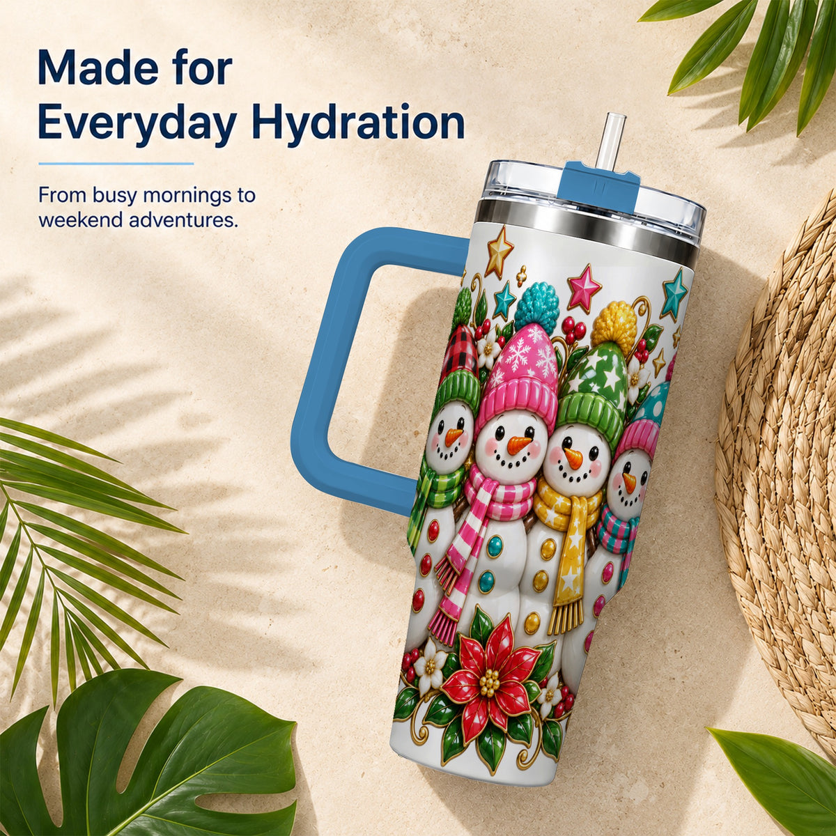 #pl[40oz|Blue] Snowman Family 40oz Tumbler with Handle, Holiday Stainless Steel Cup