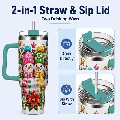 #pl[40oz|Green] Snowman Family 40oz Tumbler with Handle, Holiday Stainless Steel Cup