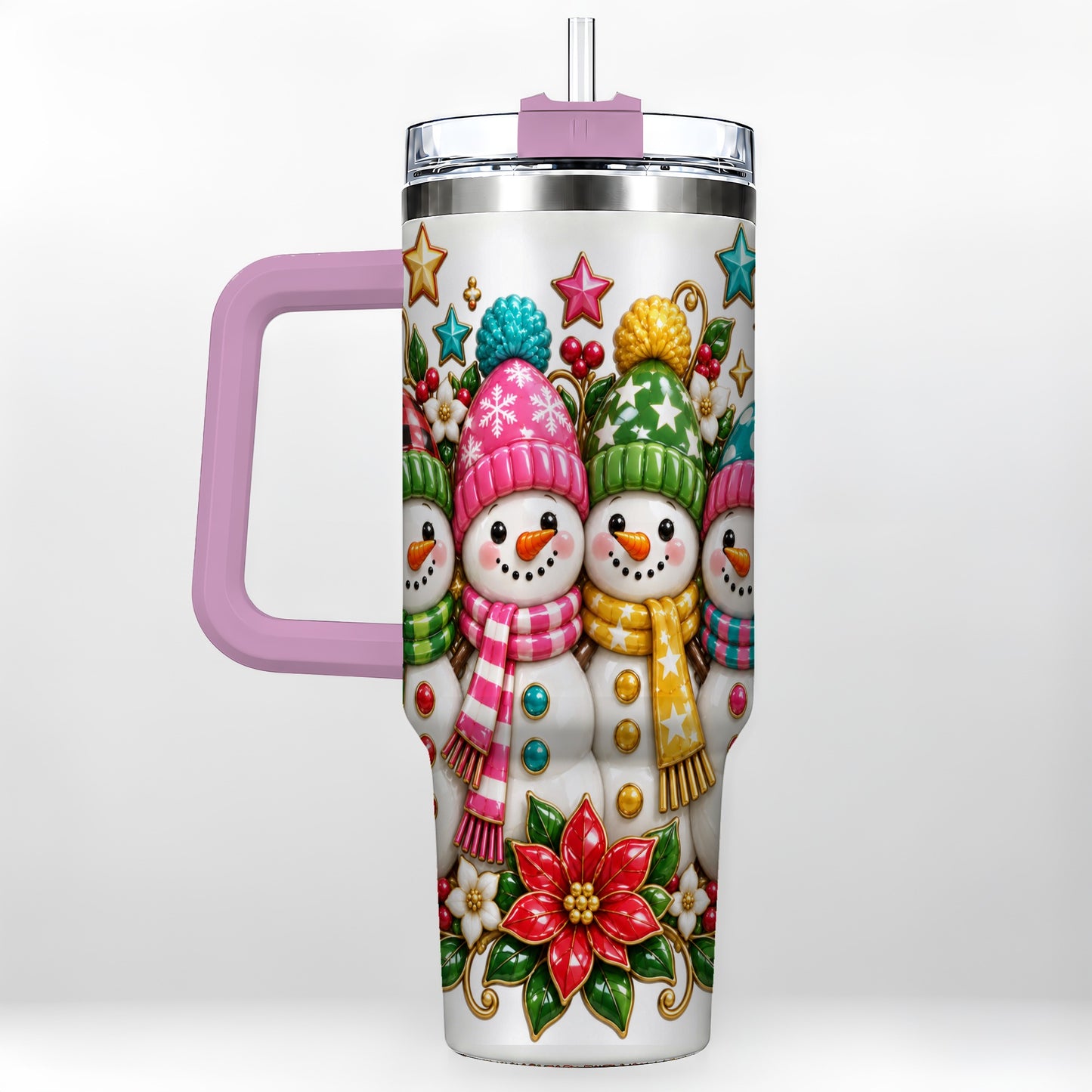#pl[40oz|Pink] Snowman Family 40oz Tumbler with Handle, Holiday Stainless Steel Cup