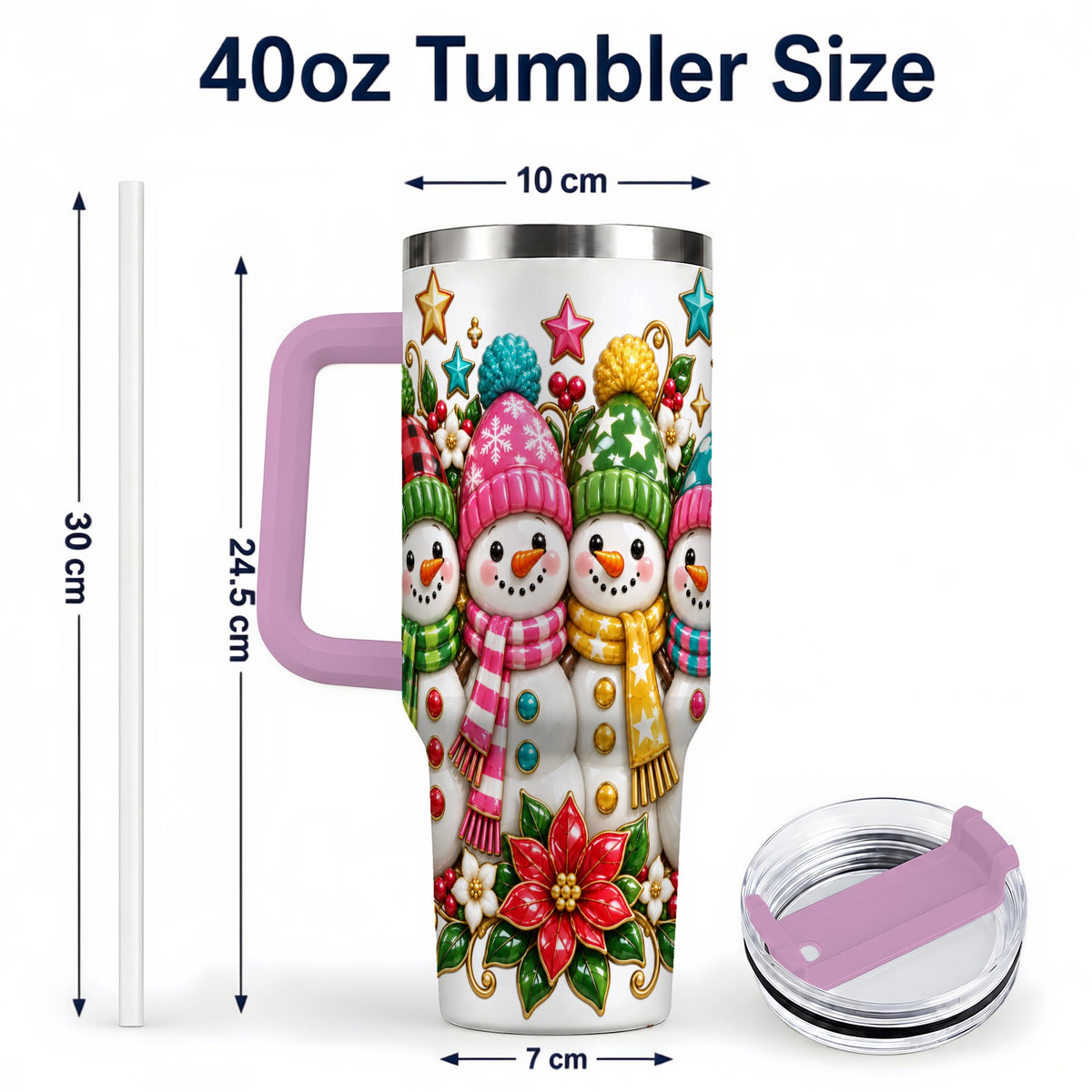 #pl[40oz|Pink] Snowman Family 40oz Tumbler with Handle, Holiday Stainless Steel Cup