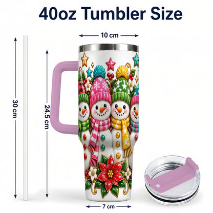 #pl[40oz|Pink] Snowman Family 40oz Tumbler with Handle, Holiday Stainless Steel Cup