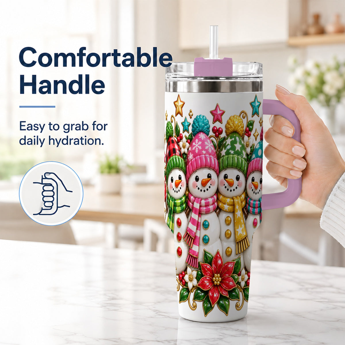 #pl[40oz|Pink] Snowman Family 40oz Tumbler with Handle, Holiday Stainless Steel Cup