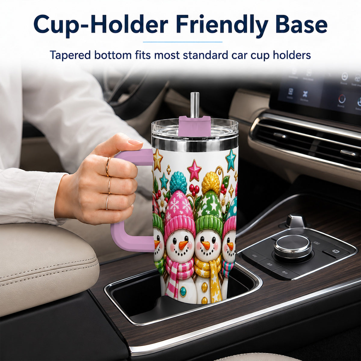#pl[40oz|Pink] Snowman Family 40oz Tumbler with Handle, Holiday Stainless Steel Cup