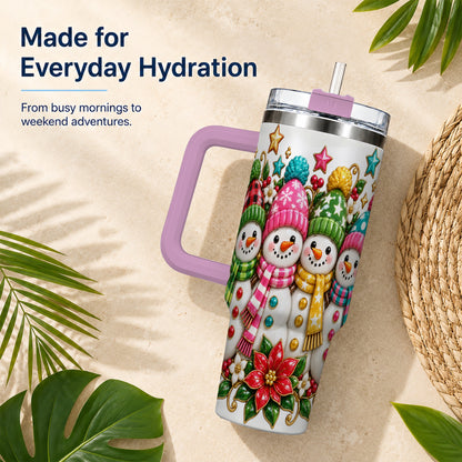 #pl[40oz|Pink] Snowman Family 40oz Tumbler with Handle, Holiday Stainless Steel Cup