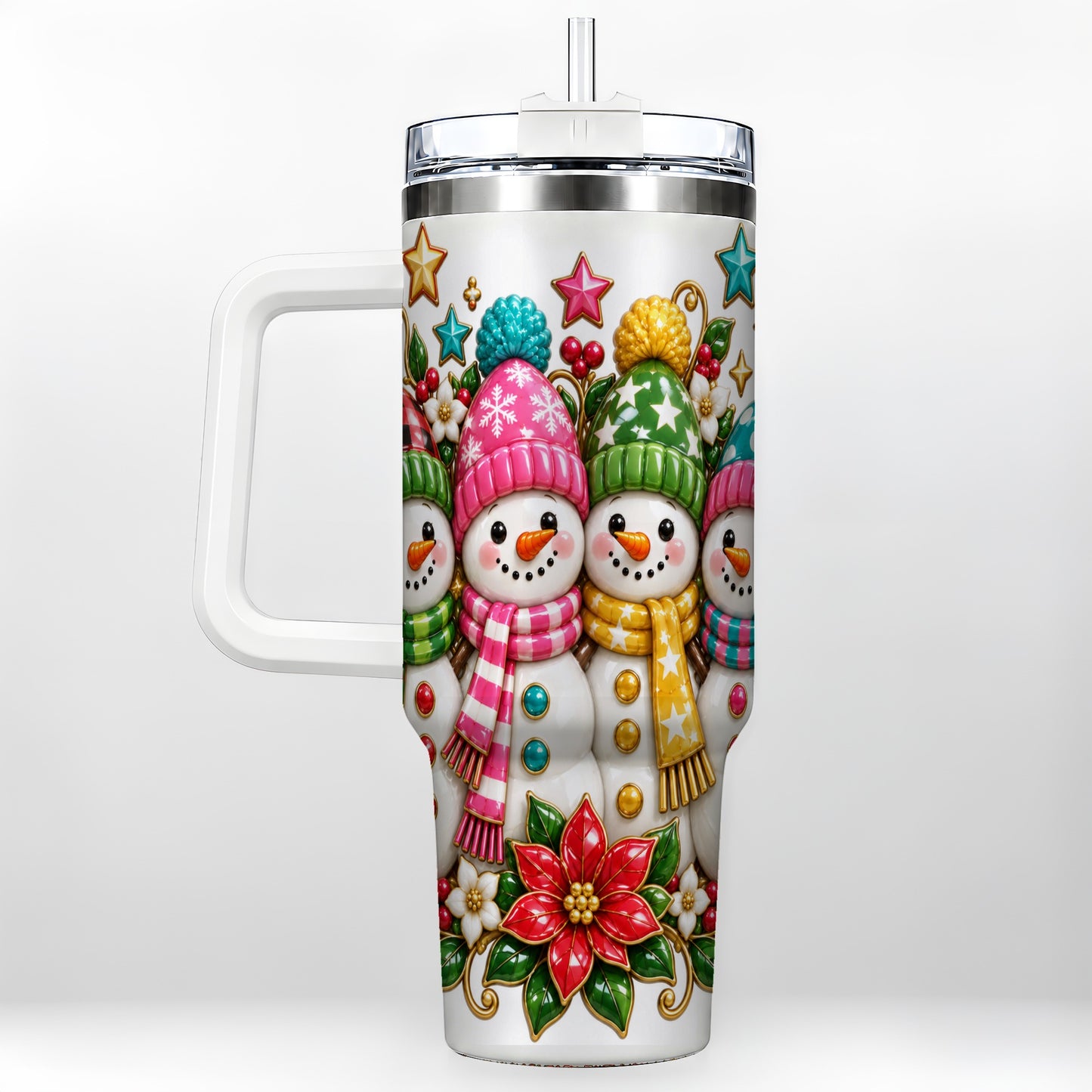 Snowman Family 40oz Tumbler with Handle, Holiday Stainless Steel Cup