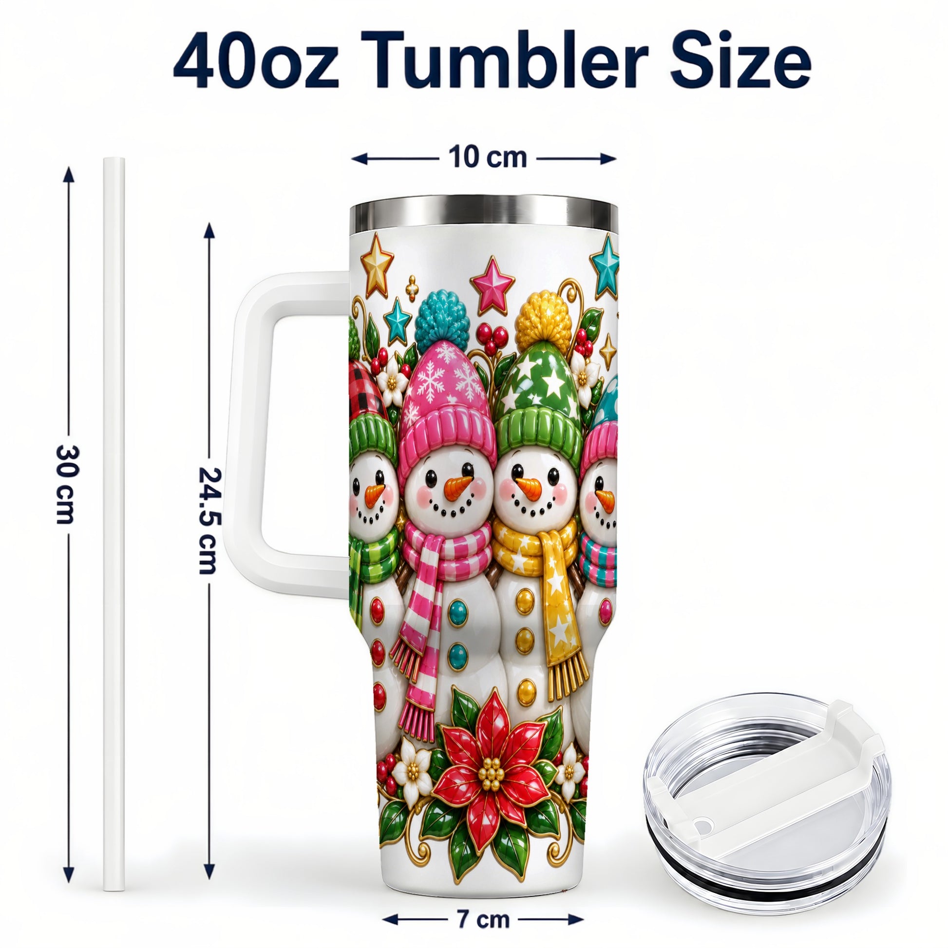 #pl[40oz|White] Snowman Family 40oz Tumbler with Handle, Holiday Stainless Steel Cup