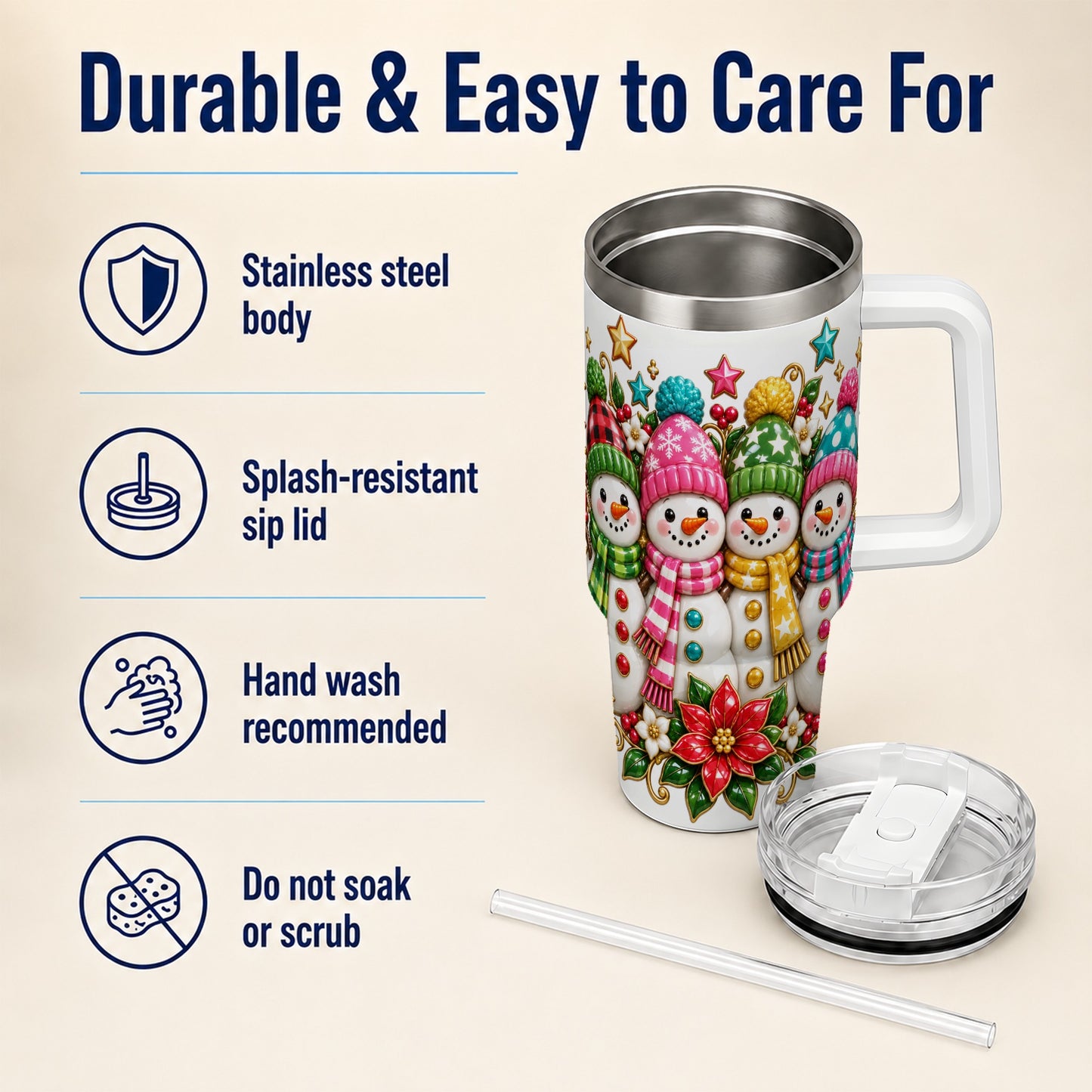 #pl[40oz|White] Snowman Family 40oz Tumbler with Handle, Holiday Stainless Steel Cup