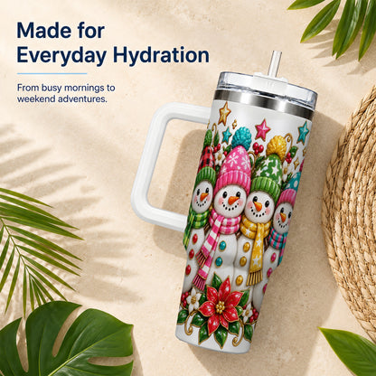 #pl[40oz|White] Snowman Family 40oz Tumbler with Handle, Holiday Stainless Steel Cup
