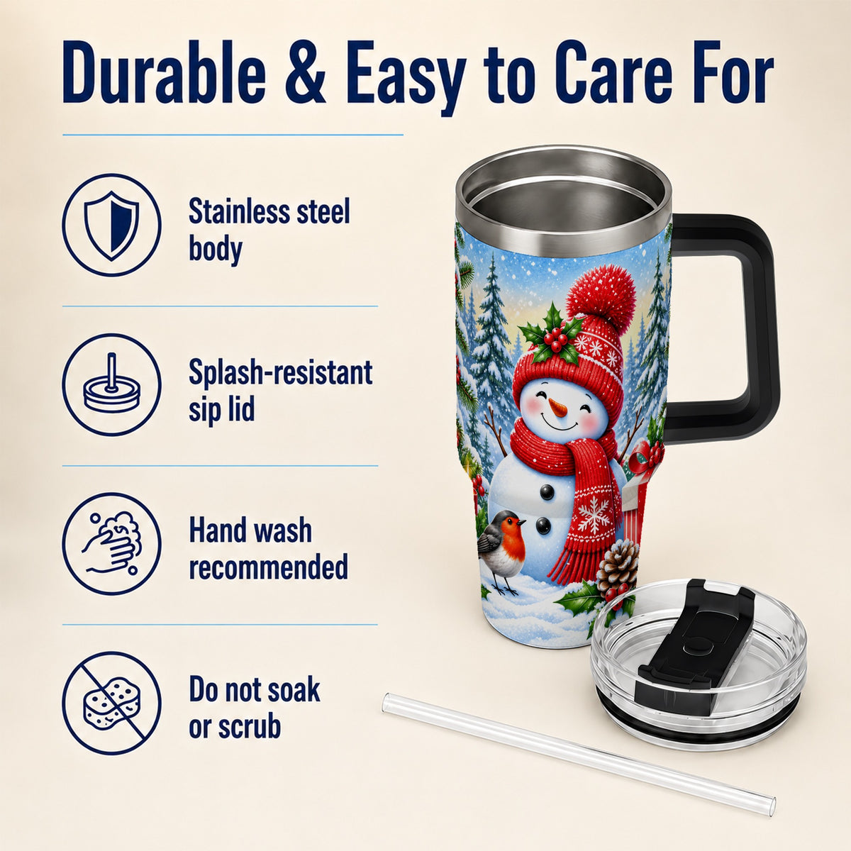 #pl[40oz|Black] Christmas Snowman 40oz Tumbler with Handle, Winter Stainless Steel Cup