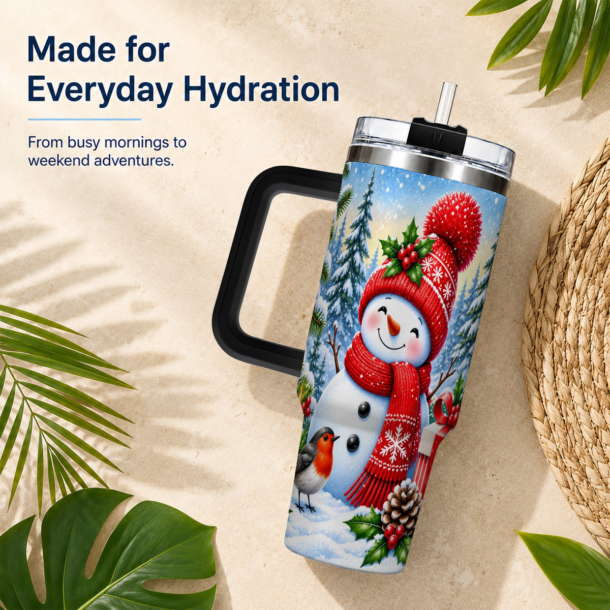 #pl[40oz|Black] Christmas Snowman 40oz Tumbler with Handle, Winter Stainless Steel Cup