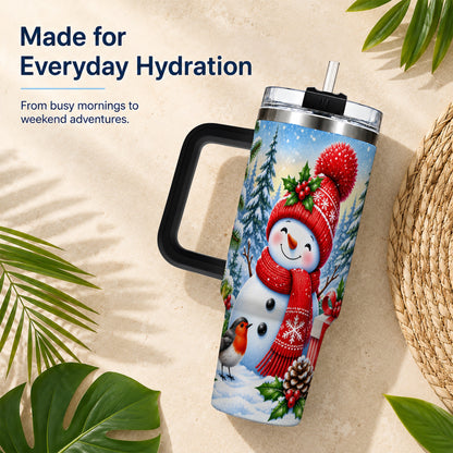 #pl[40oz|Black] Christmas Snowman 40oz Tumbler with Handle, Winter Stainless Steel Cup