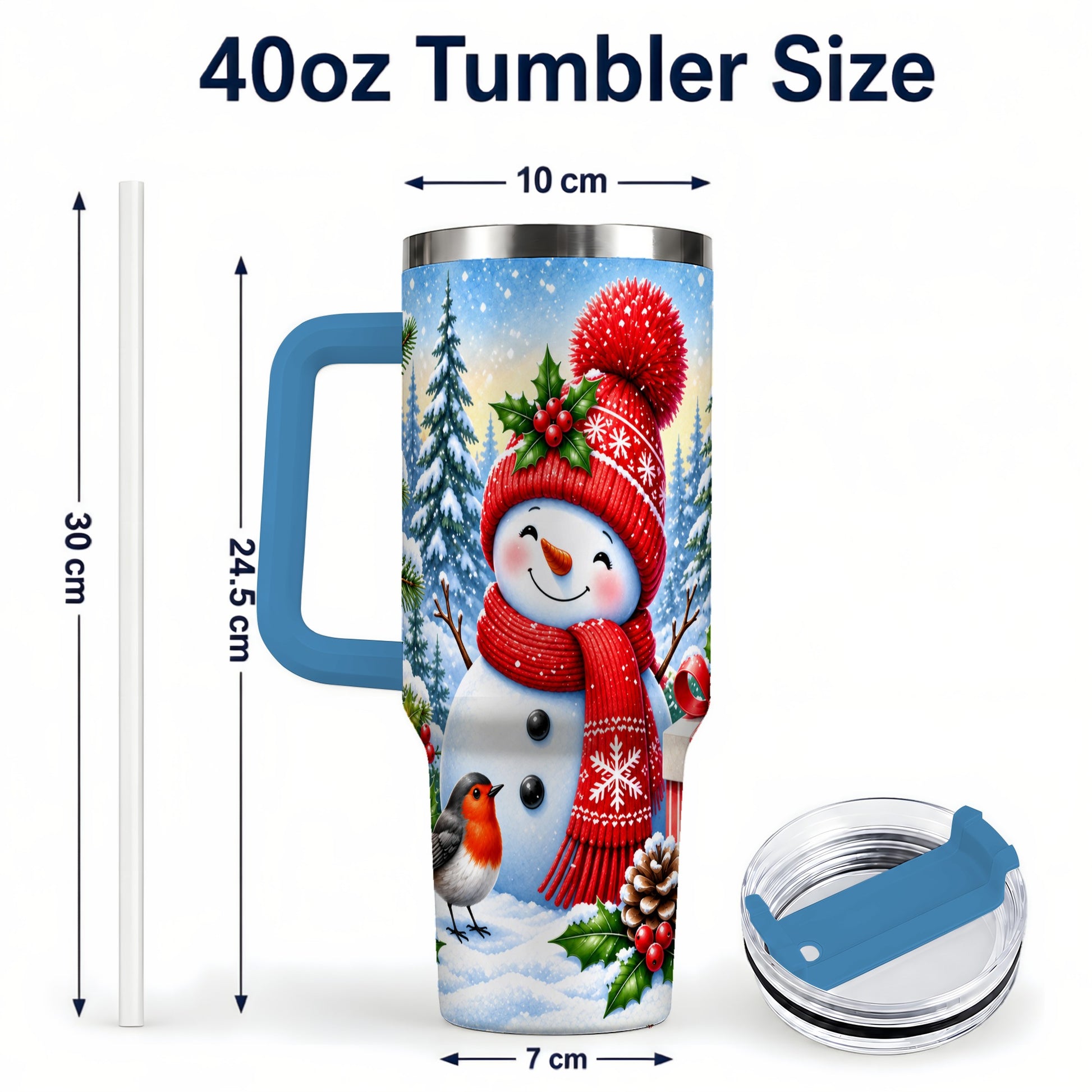 #pl[40oz|Blue] Christmas Snowman 40oz Tumbler with Handle, Winter Stainless Steel Cup