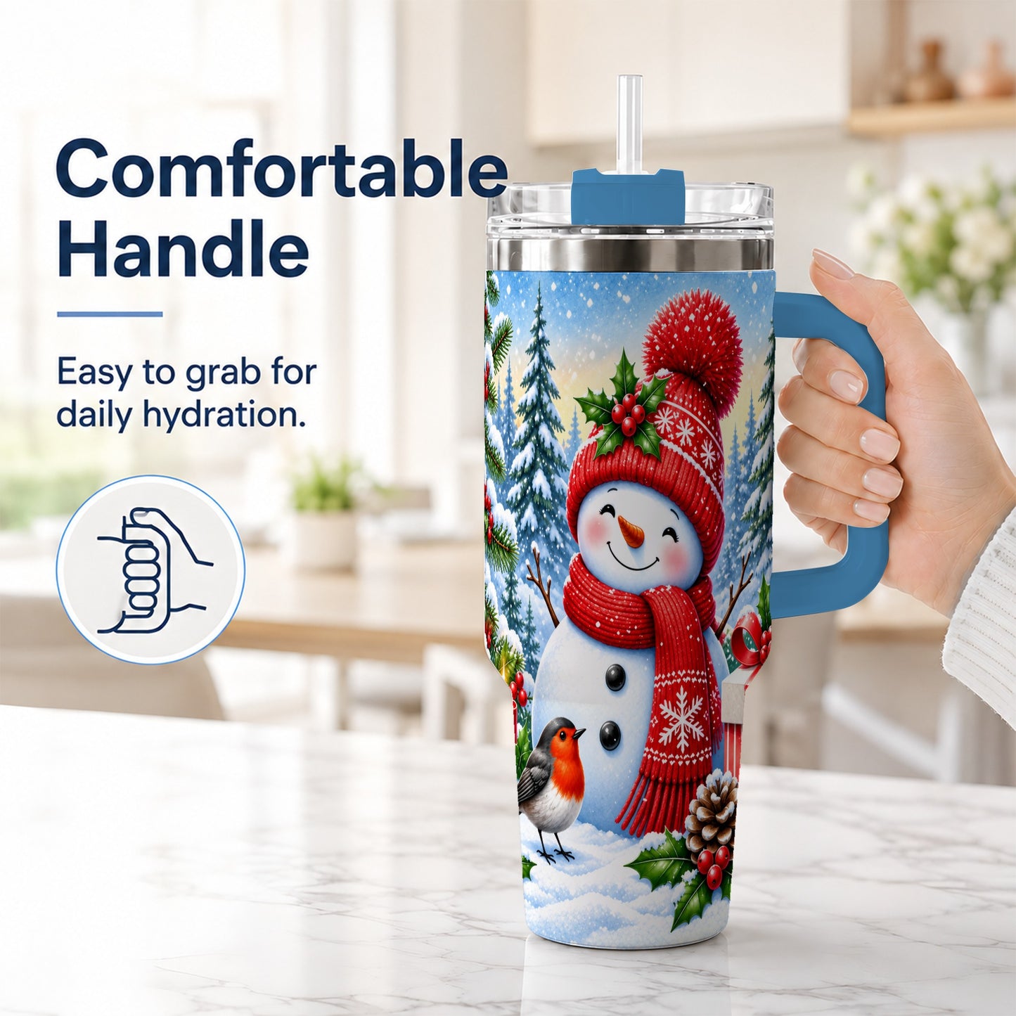 #pl[40oz|Blue] Christmas Snowman 40oz Tumbler with Handle, Winter Stainless Steel Cup