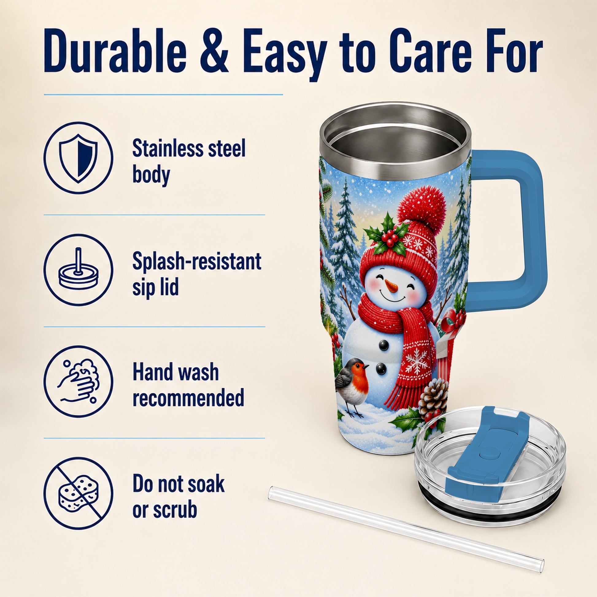 #pl[40oz|Blue] Christmas Snowman 40oz Tumbler with Handle, Winter Stainless Steel Cup