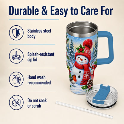 #pl[40oz|Blue] Christmas Snowman 40oz Tumbler with Handle, Winter Stainless Steel Cup