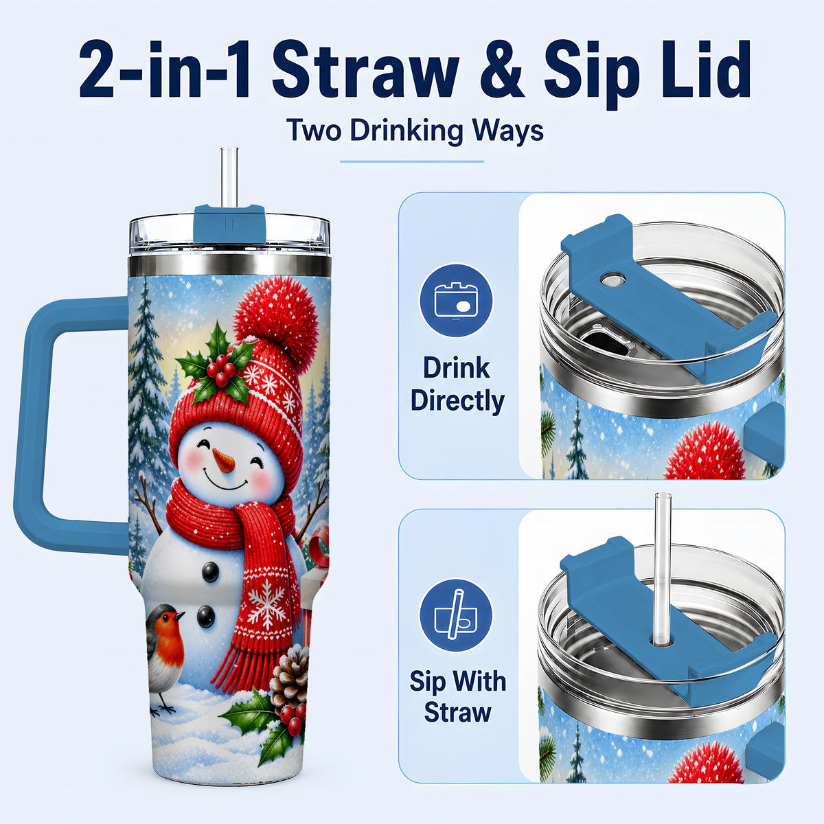 #pl[40oz|Blue] Christmas Snowman 40oz Tumbler with Handle, Winter Stainless Steel Cup